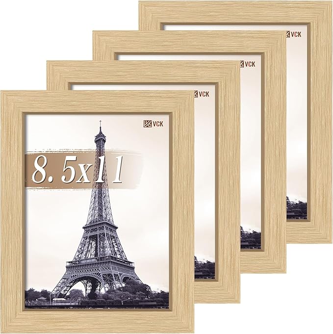 VCK 8.5x11 Picture Frame Set of 4 - Oak, Gallery-Quality Wood Poster Frames, 1.1-Inch Wide Border, Polished Plexiglass, Vertical or Horizontal Wall & Tabletop Display for Photo/Art/Prints, Natural Oak