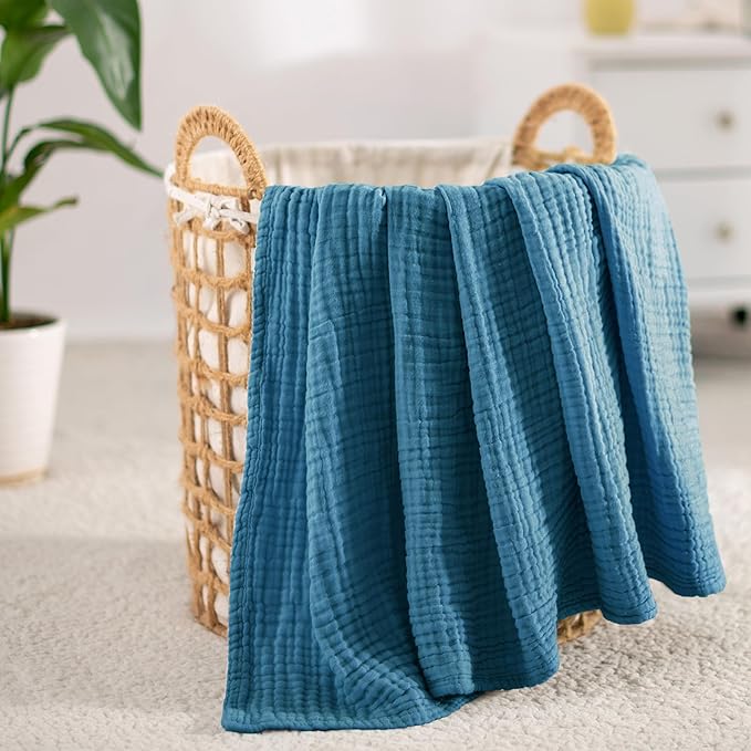 Carriediosa 100% Cotton Muslin Throw Blanket 90" X 90" Queen Size，4-Layers Summer Gauze Throws for Bed Couch，Soft Lightweight Breathable Linen Blankets Bedspread for Adults All Season，Dusty Blue