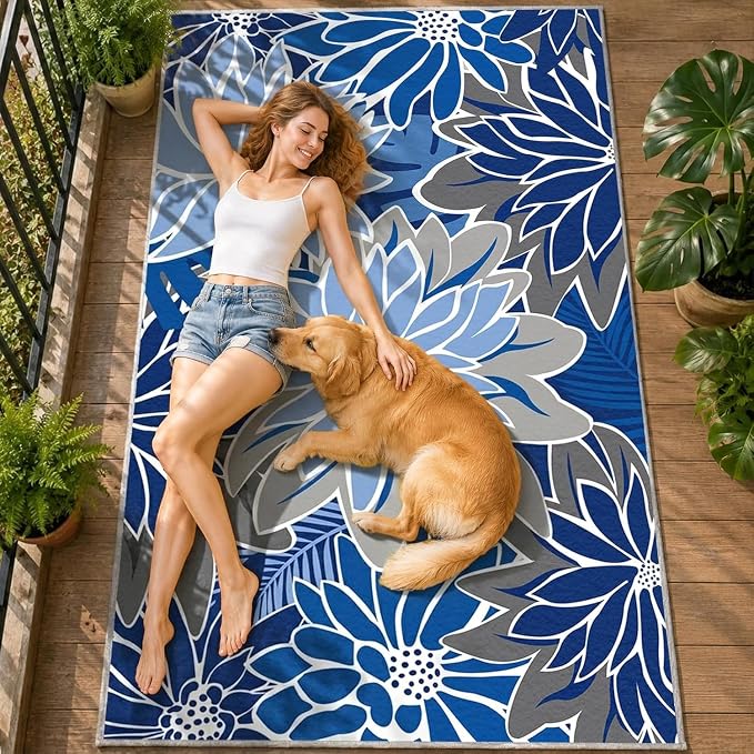 ZonLi Colorful Outdoor Rug 5x8Ft Waterproof Multicolored Indoor Area Rug Washable Outdoor Patio Rugs Tropical Floral Non Slip Outdoor Carpet for Living Room, Pool,Backyard,Deck,Camping
