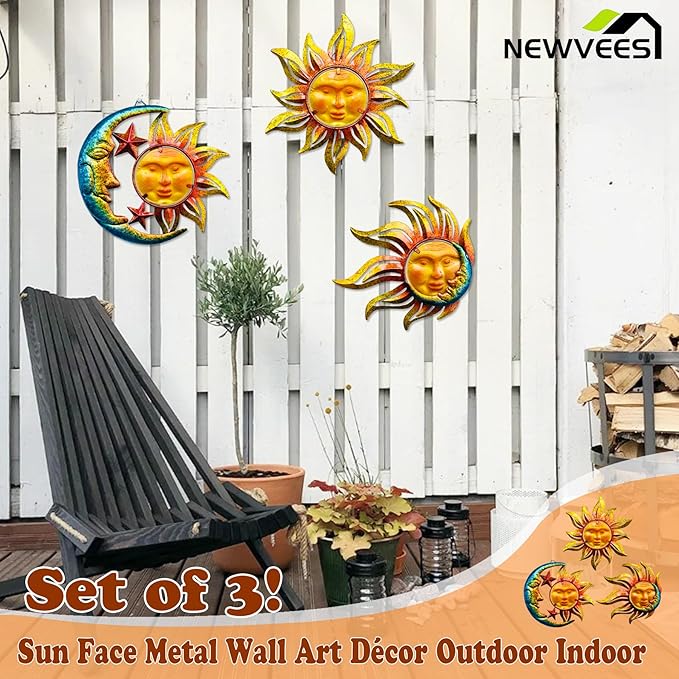 Sun Face Metal Wall Art Décor Outdoor Indoor, Sun Moon Star, Metal Glass Hanging for Garden Sun Face Sculptures & Statues Statues Wall Art for Farmhouse, Patio, Garden Decoration(3 Pack)
