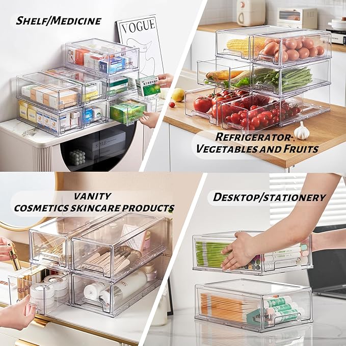 PeJeyiee 6 Pack Clear Stackable Refrigerator Organizers and Storage Drawers - Pull-Out Fridge Bins with Anti-Slip Base & Easy Clean, Plastic Organizers for Kitchen Pantry Cabinet Closet (Large)