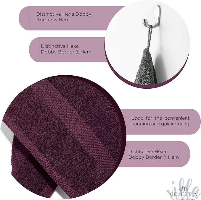 100% Cotton Bath Towel Set of 12-4 Bath Towels, 4 Hand Towels, 4 Wash Cloths, Sustainable, Soft, Highly Absorbent, Combed Cotton 12 Piece Set for Hotels, Spa, Bathroom, Dorm, Burgandy
