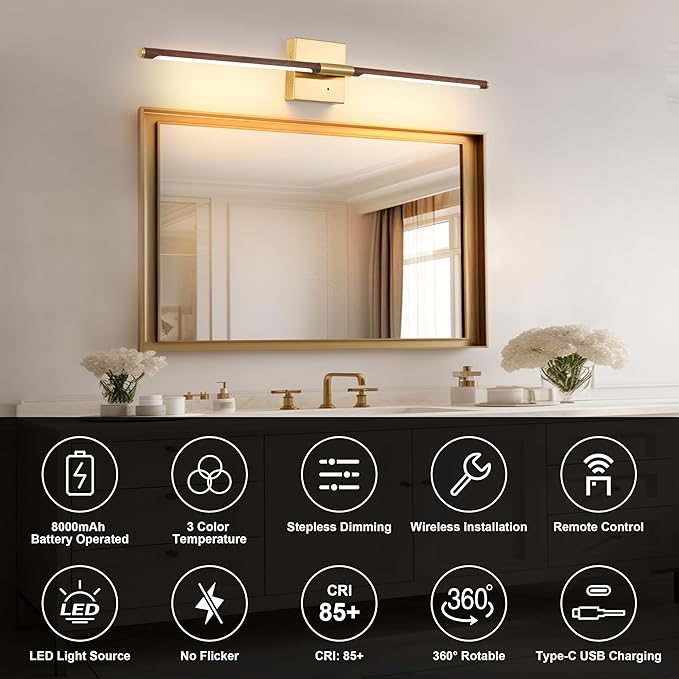 Morauroral 40″ Walnut Battery Operated Wall Sconces Set of Two, Dimmable Wall