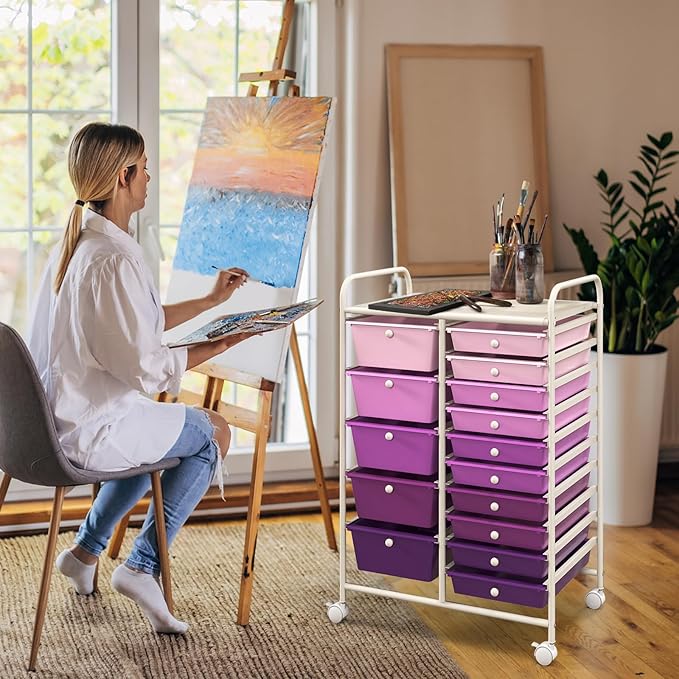 GOFLAME 15-Drawer Rolling Storage Cart, Multipurpose Movable Organizer Cart, Utility Cart for Home, Office, School, Purple Gradient