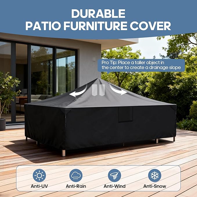 DUMOS Patio Furniture Cover Rectangular Heavy Duty 600D Waterproof UV Resistant Outdoor Sofa Couch Sectional Cover for Deck Table Chairs Backyard Dining Sets, 108"L x 82"W x 28"H, Black