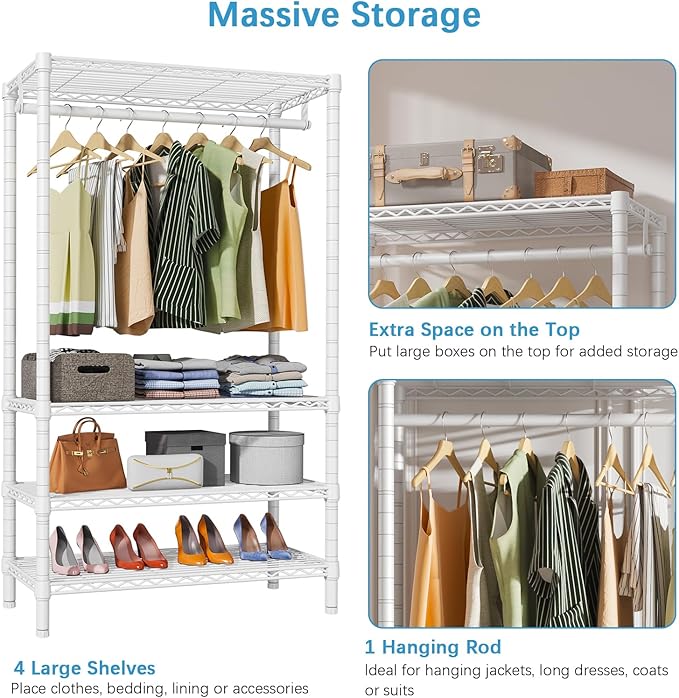 VIPEK V1 Wire Garment Rack 4 Tiers Heavy Duty Clothes Rack for Hanging Clothes Freestanding Closet Clothing Rack with 4 Adjustable Shelves, 35.4" L X 15.7" W X 70.9" H, Max Load 500LBS, White