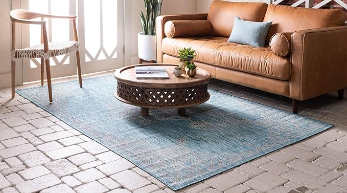 Unique Loom Outdoor Traditional Collection Area Rug - Antique (4' 1" x 6' 1" Rectangle, Light Aqua/ Gray)