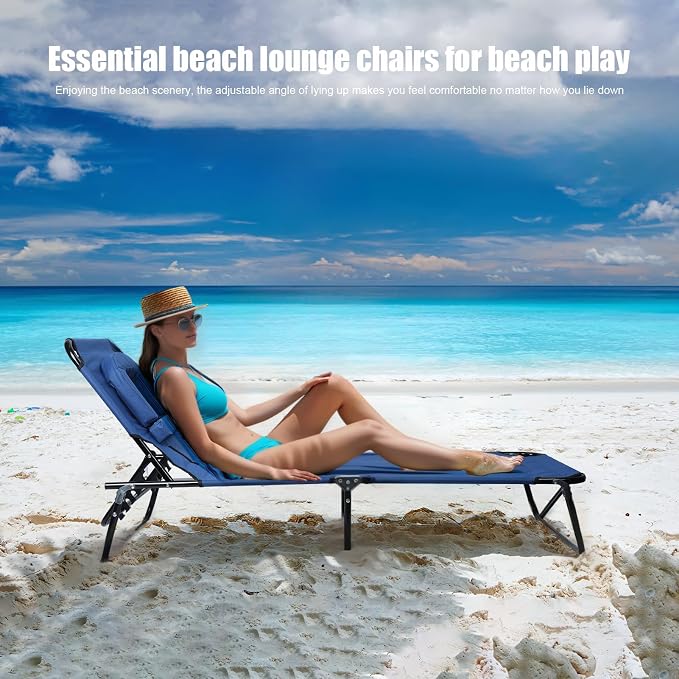 Patio Lounge Chair Reclining Folding Chaise for Indoor Outdoor Adjustable Portable Chair Removable Pillow, Sunbathing Chair for Patio, Poolside, Lawn, Beach (Blue)