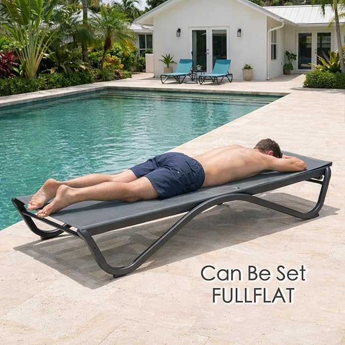 Kozyard Outdoor Chaise Lounge Chair, All Aluminum Frame and Textilene Fabric, Fully Flat Adjustable Reclining Patio Lounger for Poolside, Sunbathing & Backyard (Gray, 2Chairs)