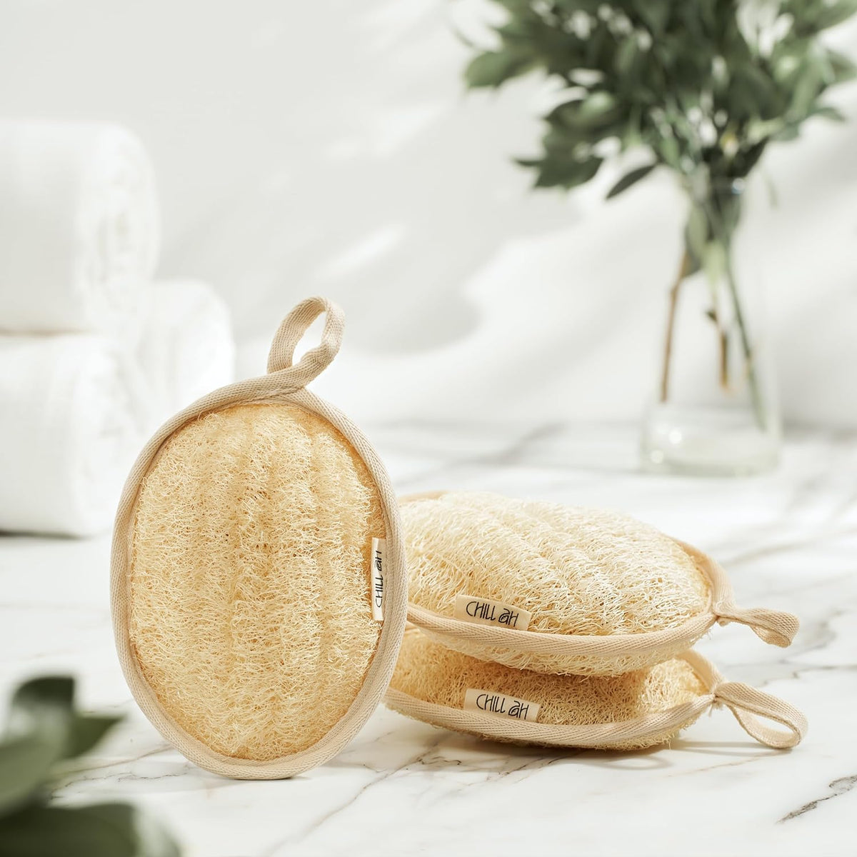 Chill Ah Green Glow All Natural Exfoliator Dual Sided Loofah Bath Sponge Set – 100% Plant-Based, dye-Free, Biodegradable, Scratch-Free, Handcrafted in Vietnam (2-Pack)