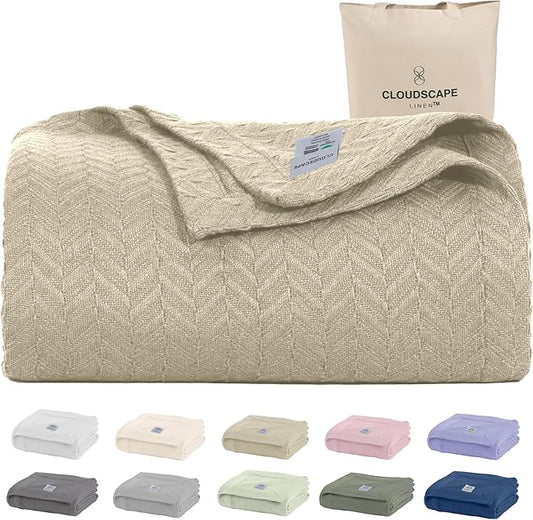 Cloud Scape Linen 100% Cotton Blanket King Size for Bed – Lightweight Summer Blanket, Herringbone Weave,fits California King Size Bed, 92x108,Beige Fog