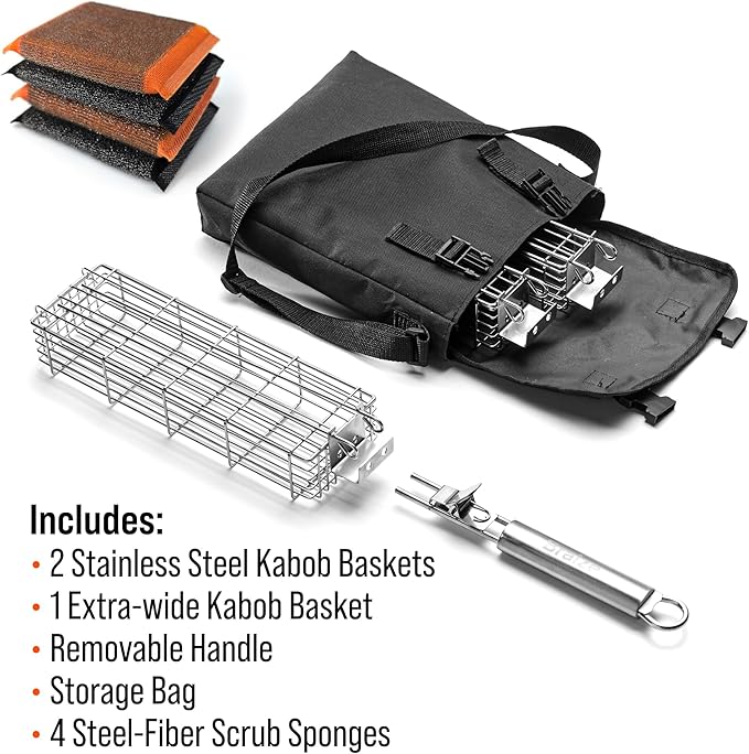 Large Grilling Basket Set – 3 Stainless Steel Kabob Baskets with Removable Handle & Scrubber Sponge – Heavy-Duty Grill Accessory for Veggies, Meat & More