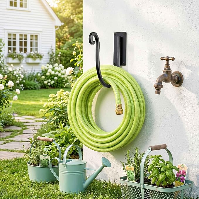 Hose Holder Wall Mount （Metal/8-Inch） Heavy-Duty Garden Hose Hanger Outdoor, Hand-Forged Hose Rack Mount