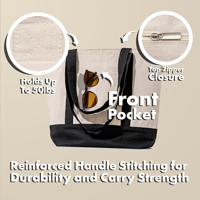 Carrywell (Not Made In China) Canvas Tote Bags with Zipper 3-Pack, 15" x 21", Heavy Duty Organic Cotton With Handles and Front Pocket, Reusable Shopping Totes