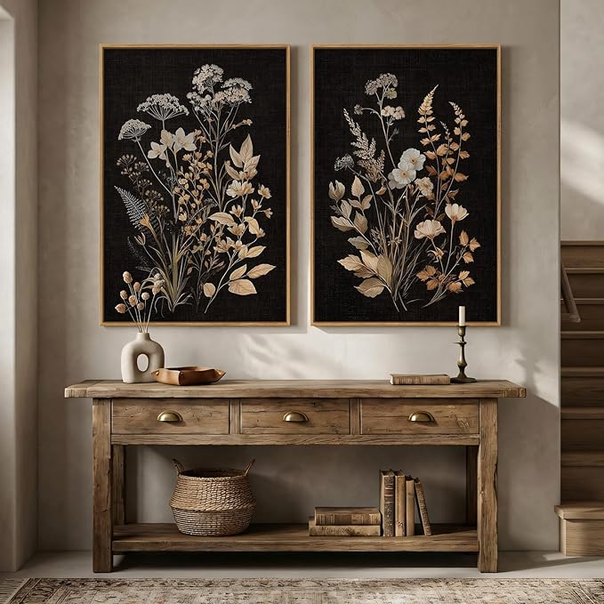 Large Framed Vintage Botanical Wall Art Set of 2, Neutral Farmhouse Moody