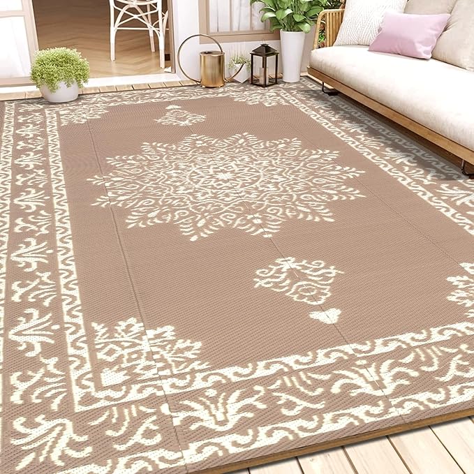 Yamaziot Outdoor Rug 8x10 Ft, Waterproof Plastic Straw Patio Rug, Reversible Backyard Carpet UV Resistant Portable RV Mat Clearance, Large Indoor Outdoor Rug for Patio, Porch, Deck, Balcony, Brown