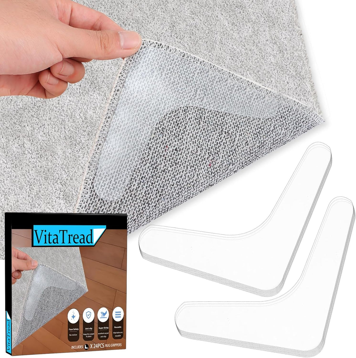 24 PCS Carpet Tape,Carpet Edge Anti - Curling Fixer, Non-Slip Carpet Pad Suitable for Tiles and Hardwood Floors (24PCS L Shape)