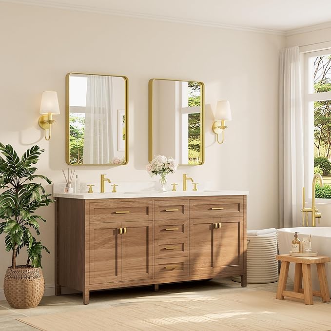 TETOTE Brushed Gold Bathroom Mirror, 24 x 32 Inch Metal Framed Mirror, Brushed