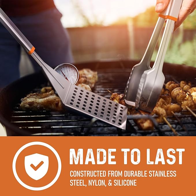 Stainless Steel BBQ Tool Set with Rotating Stand & Drip Pan | Grill Tool Kit Complete with Spatula, Tongs, Fork, Brush | Durable, Easy to Clean Grilling Kit | Essential BBQ Tools