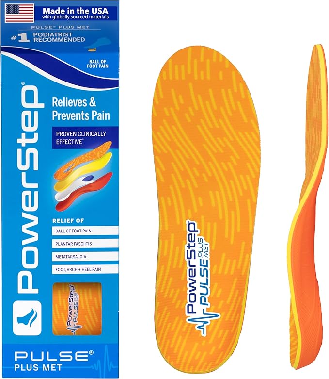 PowerStep Pulse Plus Met - Ball of Foot Pain Relief Shoe Insoles - Running Shoe Orthotics for Metatarsal Foot Pain, and Morton's Neuroma Relief - Made in The USA (M 8-8.5, F 10-10.5)