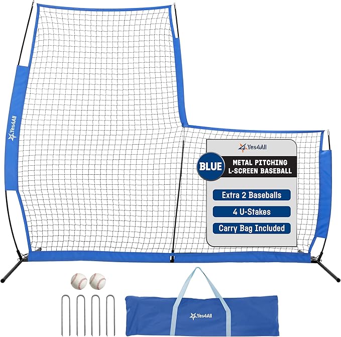 Yes4All Portable L-Screen Baseball 7x7ft with 2 Baseballs, Rubber Wheels - L Screen Baseball for Batting Cage, Protective Pitching Screen Net Double Layers, Carry Bag Included