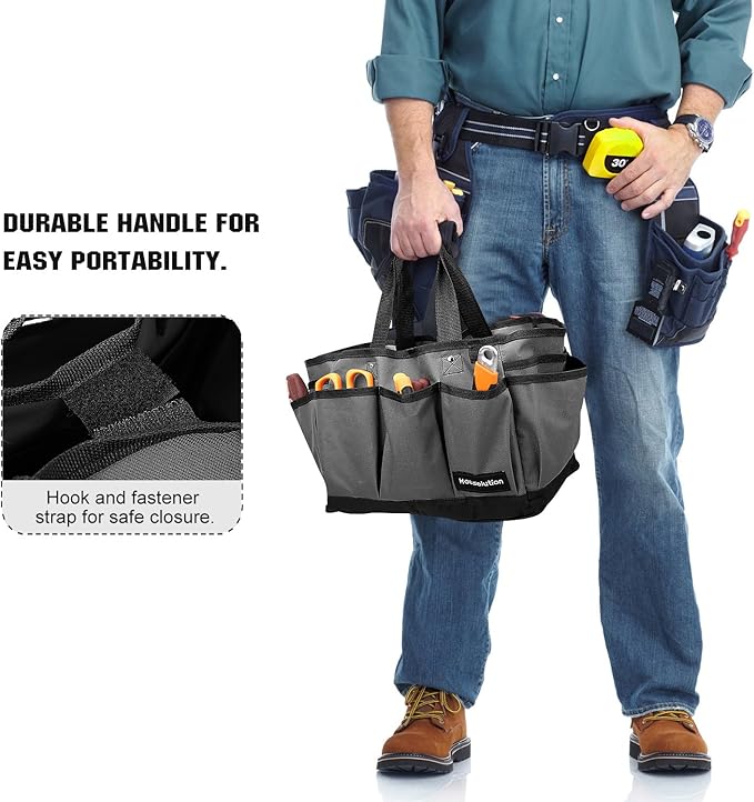 Housolution Gardening Tote Bag, Deluxe Garden Tool Storage Bag and Home Organizer with Pockets, Wear-Resistant & Reusable, 14 Inch, Gray + Black