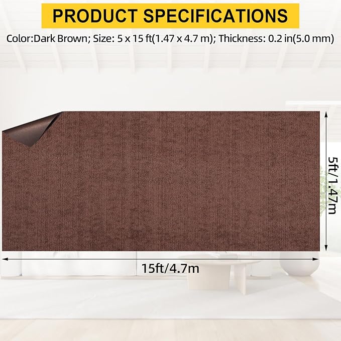 Marine Carpet,5 FT x 15 FT Brown Indoor Outdoor Carpet 0.2" Thick Boat Carpet with Water-Proof TPE Backing, Non-Slide Outdoor Marine Carpet Roll for Home, Patio, Porch, Deck