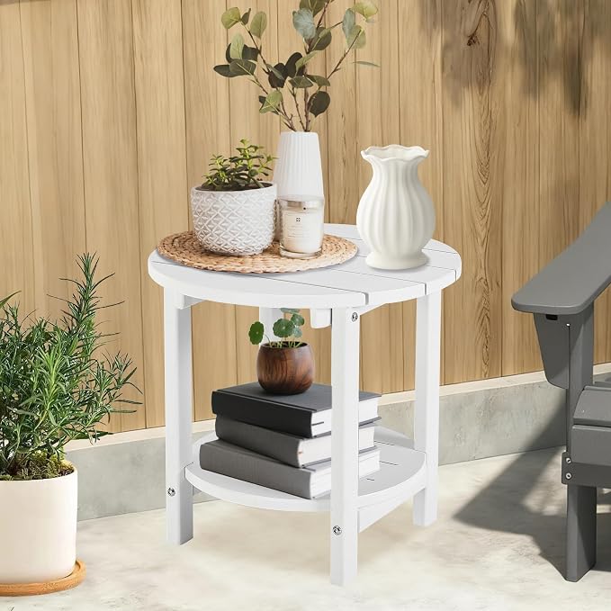 LZRS Round Adirondack Side Table Double End Table, Outdoor Side Tables for Patio, Backyard,Pool, Indoor Companion, Easy Maintenance & Weather Resistant(White)