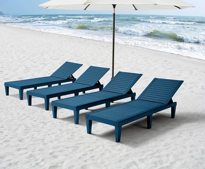Nestl Sun Tanning Chair - Blue Chaise Lounge Chair Outdoor, Lightweight Pool Lounge Chairs Set of 4, Adjustable 5-Position Reclining Lawn Chair, Waterproof Beach Outdoor Lounge Chairs