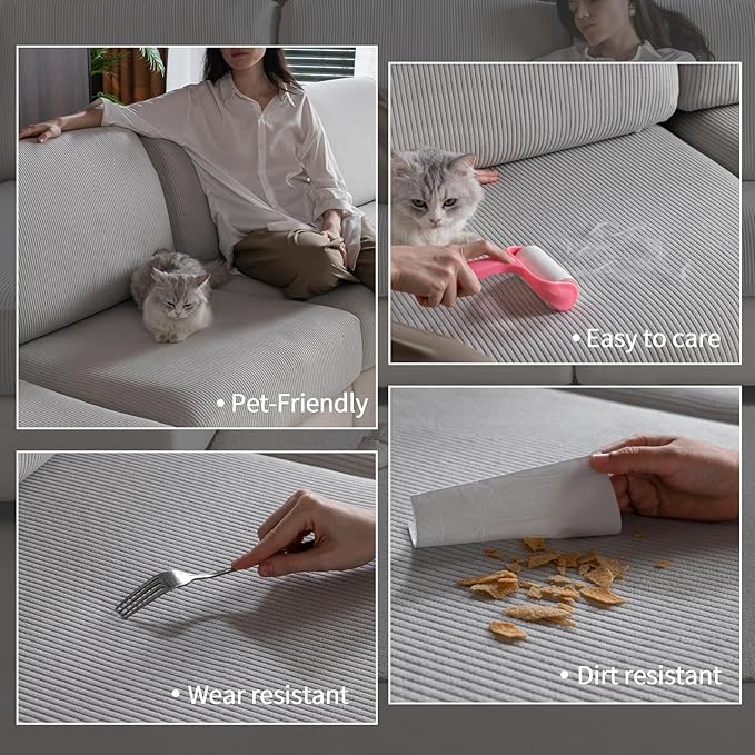 OHSIO Sectional Couch Covers, Wear Resistant Stretch Sofa Covers Washable Soft Couch Cushion Covers Anti Slip Furniture Protector Sofa Slipcovers for Pets(3 Pieces 2 Seaters+1 Chaise, Light Gray)