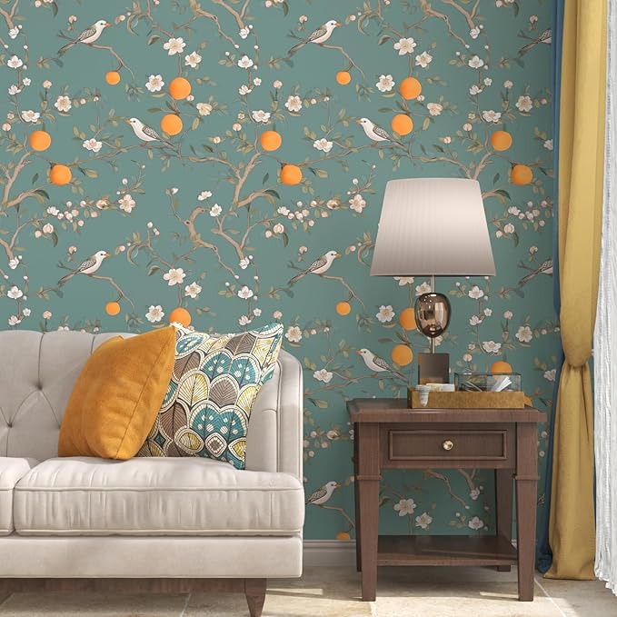 Green Floral Wallpaper Peel and Stick, Birds & Orange Fruits Contact Paper
