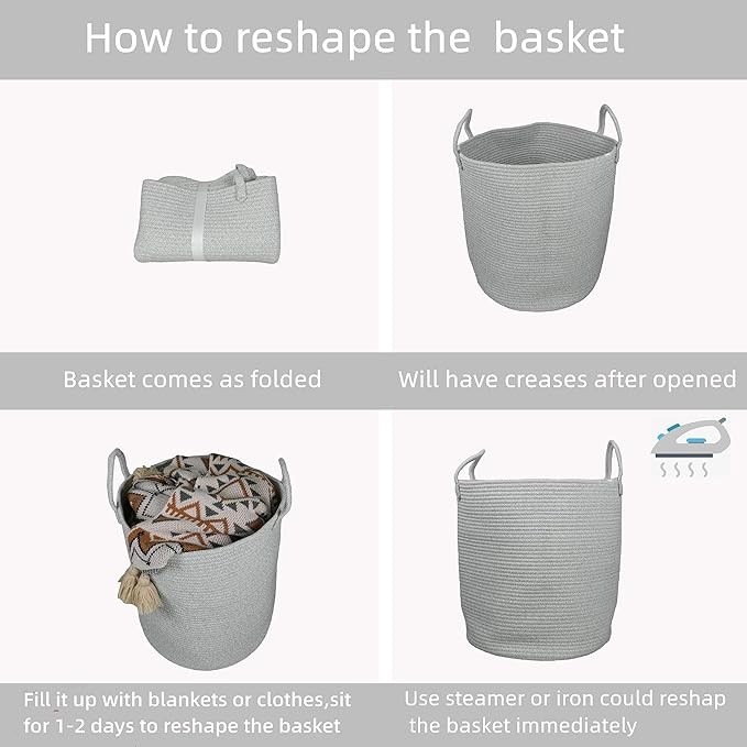 Cotton Rope Laundry Basket Hamper for Clothes Woven Storage Basket for Living Room Bedroom Boho Tall Rope Baskets for Blanket Toys Pillow Towels Baby Nursery Hamper Bin Large light grey
