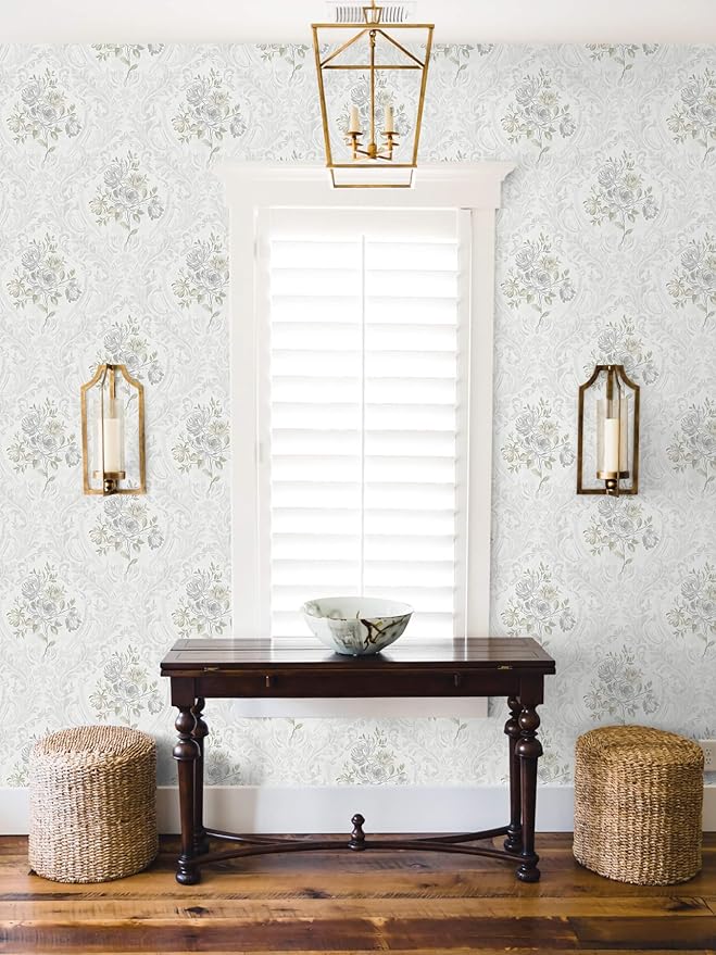 Ismoon Floral Peel and Stick Wallpaper Vintage White and Grey Contact Paper