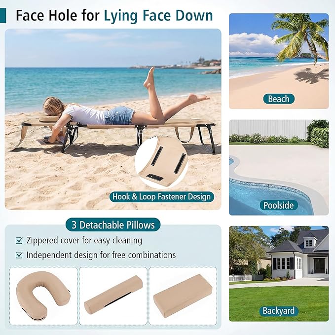 GYMAX Tanning Chair, 330lbs Beach Lounge Chair with Face Hole, Washable Pillow & Carry Strap, Adjustable Folding Chaise Lounge, Layout Lounger for Outside, Patio, Poolside, Lawn (2, Beige)