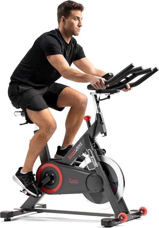 Sunny Health & Fitness Magnetic Exercise Bike, 44LB Flywheel & 300LB Weight Capacity for Intensive Home Workout, Indoor Cardio Training w/4-Way Adjustable Seat, Optional Free SunnyFit App Connection