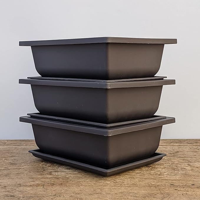 Bonsai Outlet Training Pots with Humidity Trays - Built in Mesh, Brown 8-Inch Large Planters + Made from Durable Shatter Proof Poly-Resin, Set of 3 Pot Set