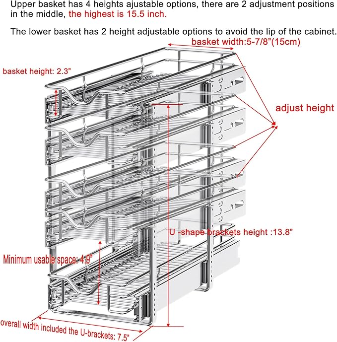 DINDON Pull Out Cabinet Organizer (7-1/2" W x 21-1/2"D), Cabinet Pull Out Shelves, 2 Tier Pull Out Drawers for Kitchen Cabinets, Wire Basket Slide Out Shelf for Cabinet Organization