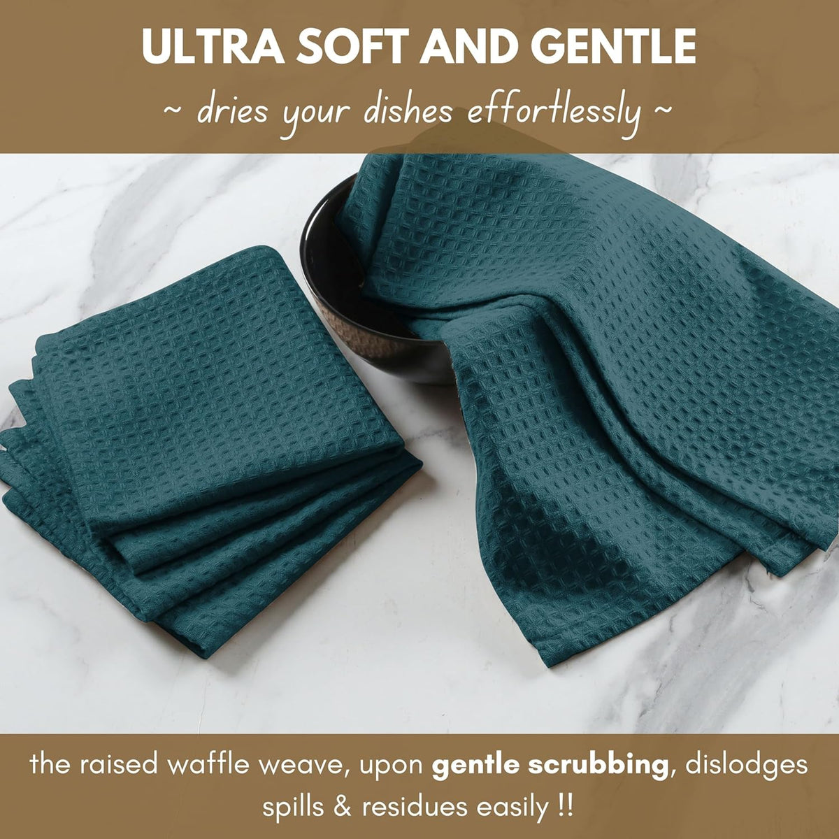 Native Fab Cotton Kitchen Towel with Hanging Loop 16x26 inches, 6-Pack, Waffle Weave Kitchen Towels for Cleaning Drying, Washcloths Soft & Absorbent Cloth Rags, Bar Towel, Dish Cloth, Teal Green