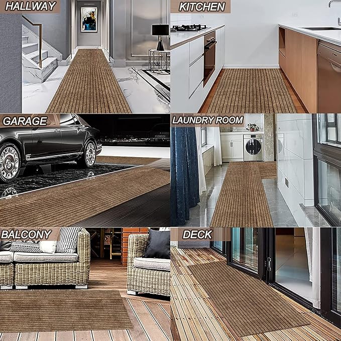 4' x 38' Runner Rugs with Rubber Backing, Indoor Outdoor Utility Carpet Runner Rugs, Stripe Brown, Can Be Used as Aisle for The RV and Boat, Laundry Room and Balcony