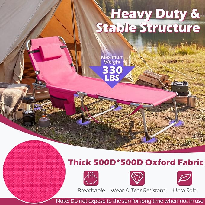 GYMAX Tanning Chair, 330LBS Beach Lounge with Face Arm Hole & Hand Shoulder Strap, Folding Layout Sunbathing Chair, Face Down Outdoor Chaise Lounger for Patio, Poolside, Lawn, Backyard (1, Pink)