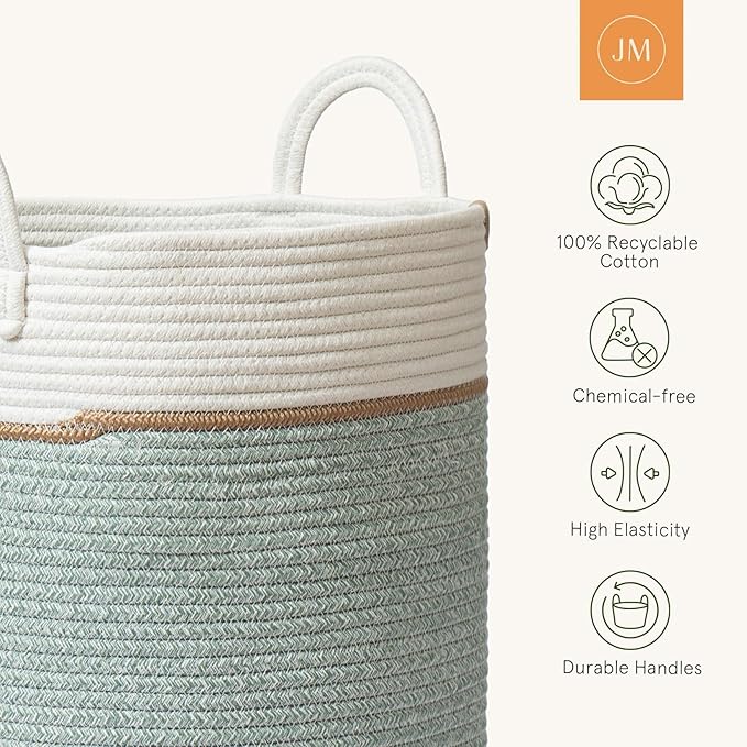 LA JOLIE MUSE Woven Basket Rope Storage Baskets - Tall Cotton Basket, Laundry Basket for Blanket, Kids Toy, Nursery Clothes Hamper Basket, Ivy Green, 72 Liter