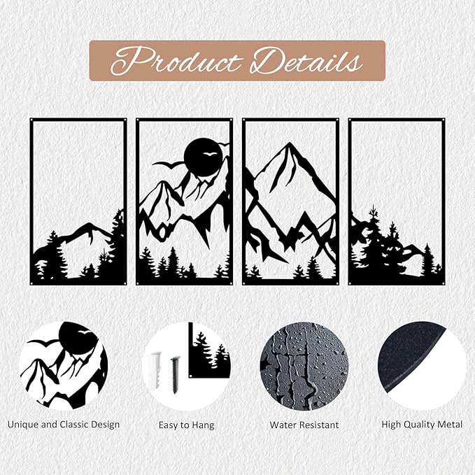 ESTART 4 Pcs Mountain Range Metal Wall Art Decor Summit Metal Wall Sign Rustic Forest Home Decor Sign Mountain Scene Wall Decor Art Hanging for Living Room Bedroom Bathroom Office, 45.3 x 17 Inch