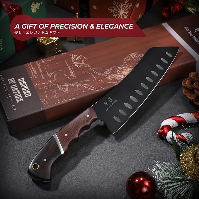 Santoku Knife 7 Inch - Japanese Chef Knife for Fish, Bunka Knife for Meat, Kiritsuke Knife for Vegetables, Black Slicing Knives with Full Tang Handle, Gift for Men Women