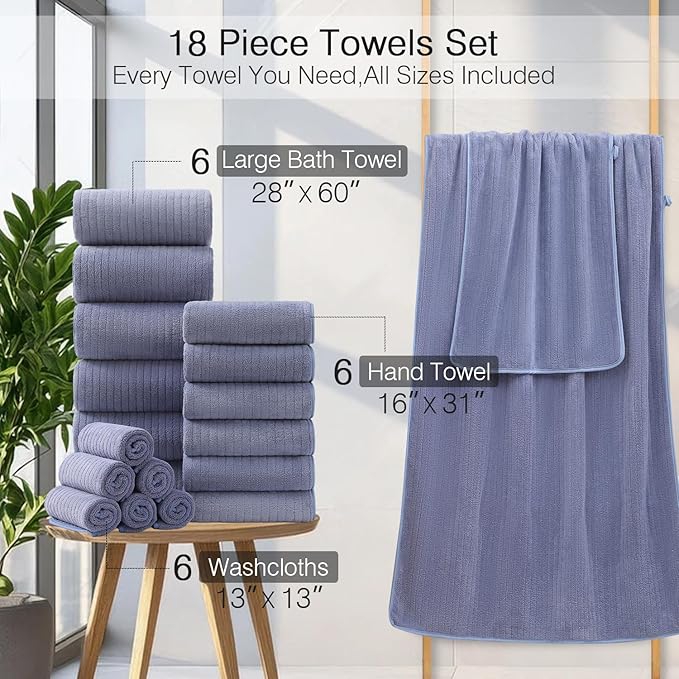 18 Piece Family Bath Towel Set Include 6 Bath Towels,6 Hand Towels and 6 Washcloths Soft Bathroom Towel with Hanging Loops,Highly Absorbent Quick Dry Towels Set for Bathroom,Hotel and Spa-Violet