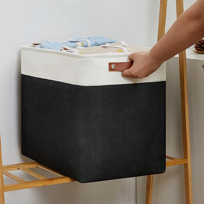 DULLEMELO Large Fabric Basket for Organizing, 17"x12"x15" Storage Basket With Leather Handles, Collapsible Storage Bin for Clothes, Toys, Books, Office, Bedroom, Closet, Nursery&Laundry (White&Black)