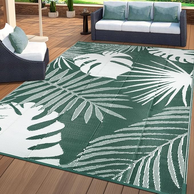 Waterproof Outdoor Rug 8x10 ft, Reversible Plastic Straw Mat with Leaf Pattern, Large Floor Mat for Patio, Camping, Picnic, Backyard RV, Deck, Dark Green