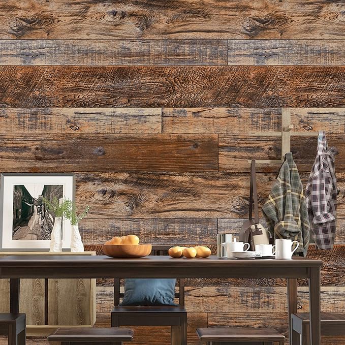 WENMER 17.71" x 78.7" Brown Wood Peel and Stick Wallpaper Shiplap Self Adhesive