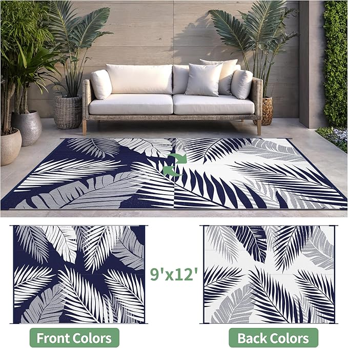 Outdoor Rug 9’x12’ Waterproof for Patio Clearance, Reversible Indoor Outdoor Plastic Straw Camping Rug Carpet, RV Mat, Large Area Rug for Deck, Backyard, Balcony, Porch, Beach, Blue & White