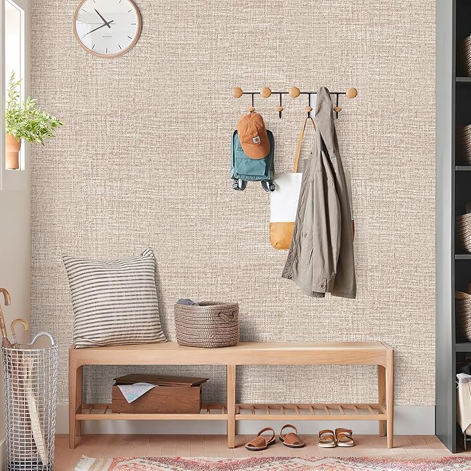 Amiya Grasscloth Khaki Wallpaper 17.3"x80" Peel and Stick Tan Faux Fabric Linen