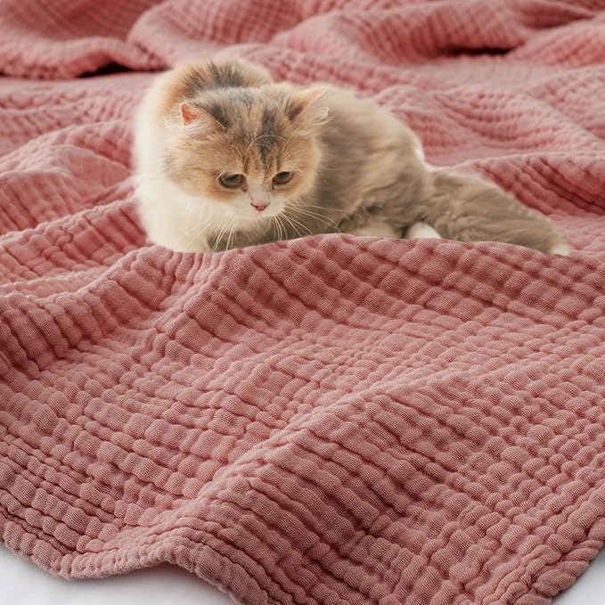 Carriediosa 100% Cotton Muslin Throw Blanket 66" X 90" Twin XL Size，4-Layers Summer Gauze Throws for Bed Couch，Soft Lightweight Breathable Linen Blankets Bedspread for Adults All Season，Mauve